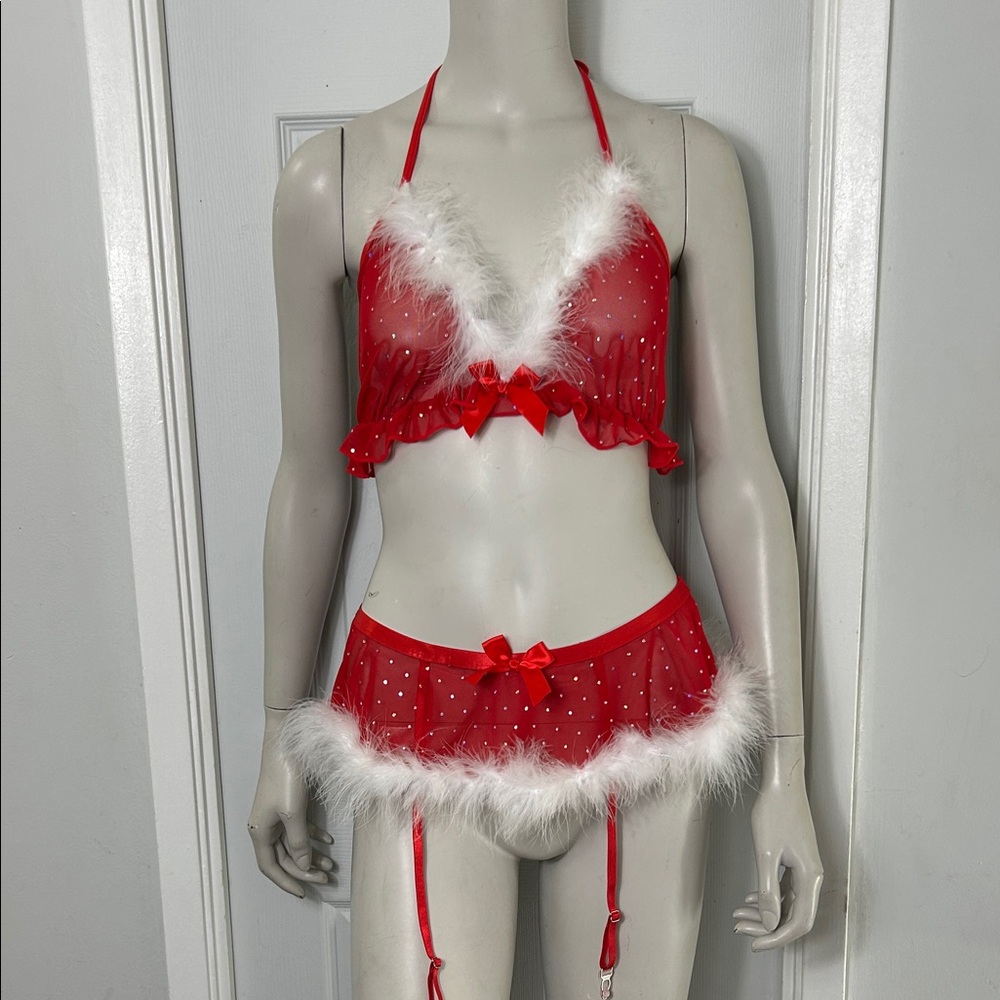 Red Sheer Lingerie Set with White Feather Trim